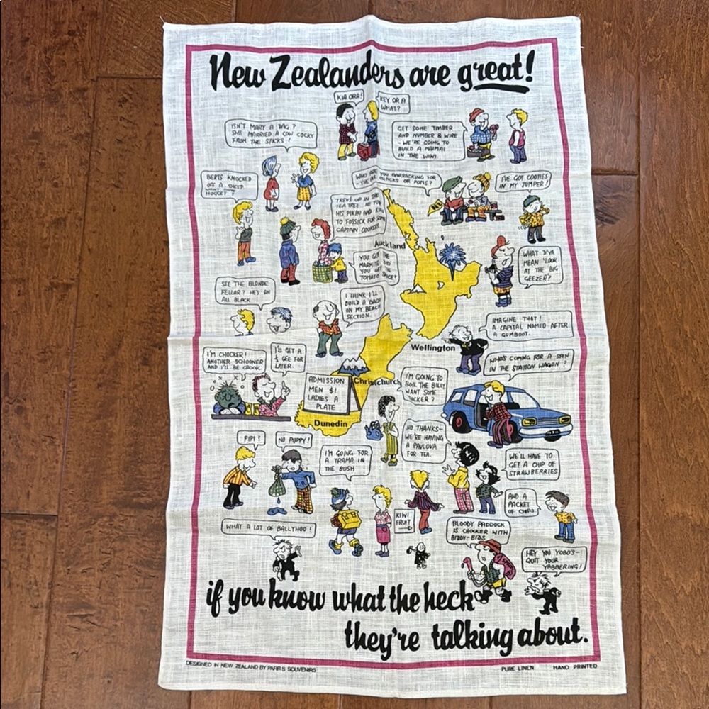 Parrs Souvenirs Cartoon “New Zealanders are great” Linen printed Decor